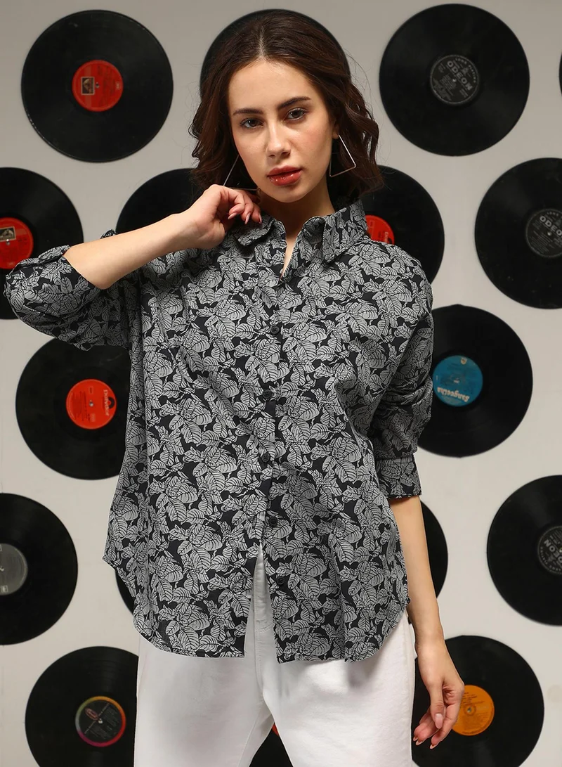 كامبوس سوترا Women's Moon Grey:Onyx Black Contrast Foliage Oversized Shirt For Casual Wear | Spread Collar | Long Sleeves | Button Closure | Oversized Shirt Crafted With Comfort Fit For Everyday Wear